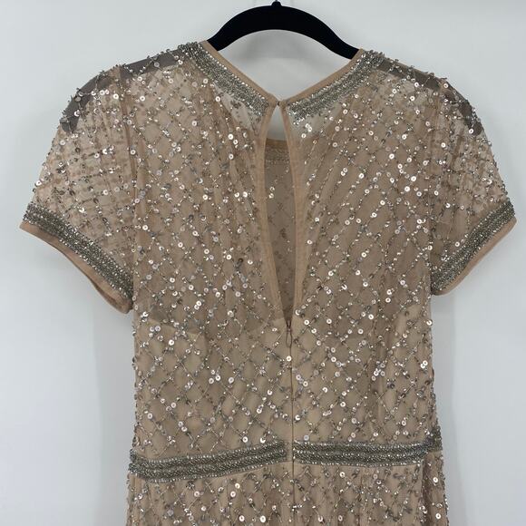 Adrianna Papell Gown Beaded Mesh Diamond Pattern Short Sleeve Champagne 6 Petite - Picture 9 of 16